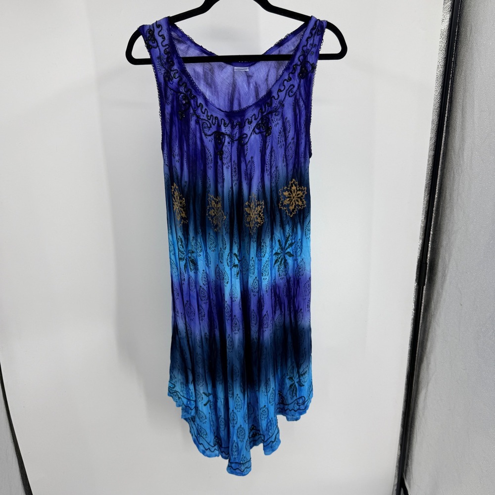 Shoreline Womens 1XL Blue Purple Tie Dye Sequin Boho Rayon Sleeveless Dress Boho